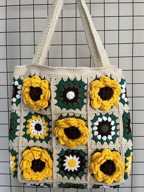 Handmade Crochet Floral Tote Bag in Cream and Yellow